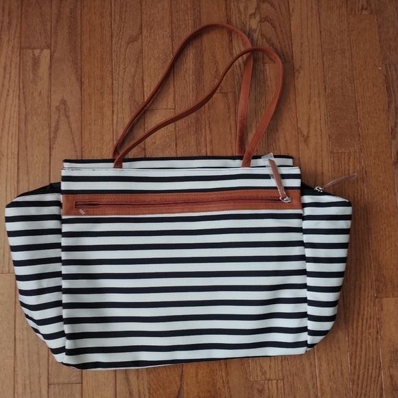 DSW Large Black White Stripe Weekender Travel Tote Bag - Picture 6 of 10